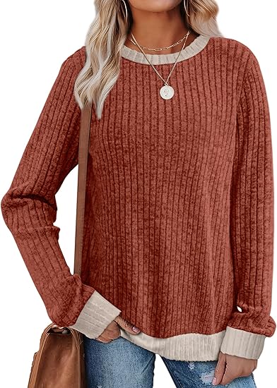 Womens Tops Long Sleeve Shirts Lightweight Sweaters Loose Fit Crewneck Color